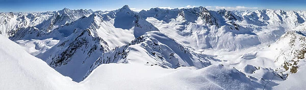 Winter panorama from the Zischgeles, Stubai Alps, Tyrol, Austria