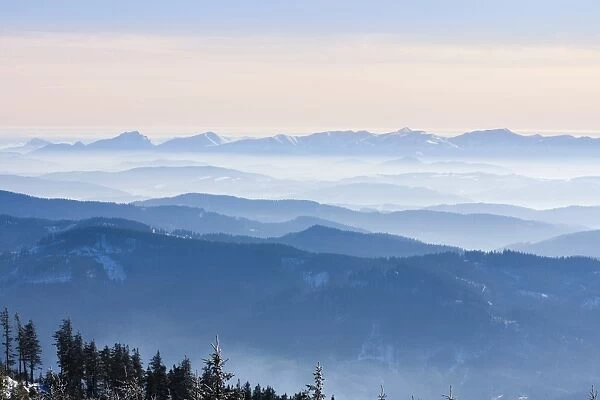 Winter panoramic view to Mala Fatra National Park, Slovakia, from Mount Lysa Hora, Beskids, protected landscape area, Moravia, Czech Republic, Europe