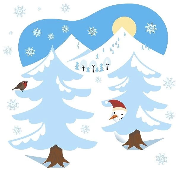 Winter scene, fir trees covered with snow, snowman peeking out behind tree, robin perched on tree, mountains in background