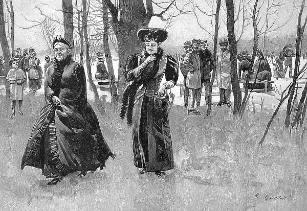Winter walk of the family, the mother wants to go home and walks in front from the skating rink, the daughter follows her, 1880, Germany, Historic, digital reproduction of an original 19th century original, original date not known