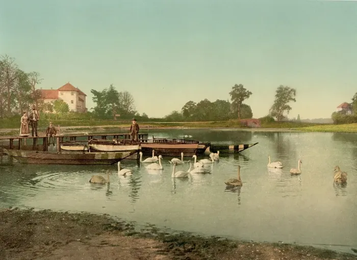 Framed Print : Woerlitzer See, Eichenkranz and Gondelplatz, Saxony-Anhalt, Germany, Historic, digitally restored reproduction of a photochrome print from the 1890s