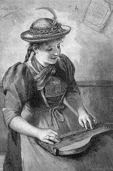 Woman in alpine traditional costume playing zither, Austria, Historic, digitally restored reproduction of an 18th century original, exact original date unknown