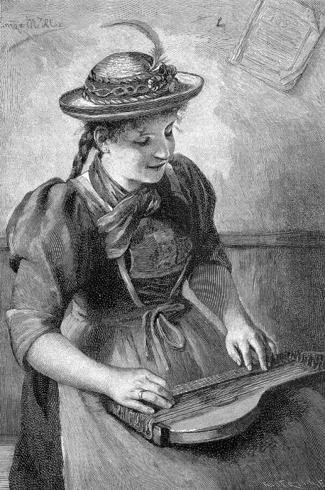 Framed Print : Woman in alpine traditional costume playing zither, Austria, Historic, digitally restored reproduction of an 18th century original, exact original date unknown Framed Print : Woman in alpine traditional costume playing zither, Austria, Historic, digitally restored reproduction of an 18th century original, exact original date unknown