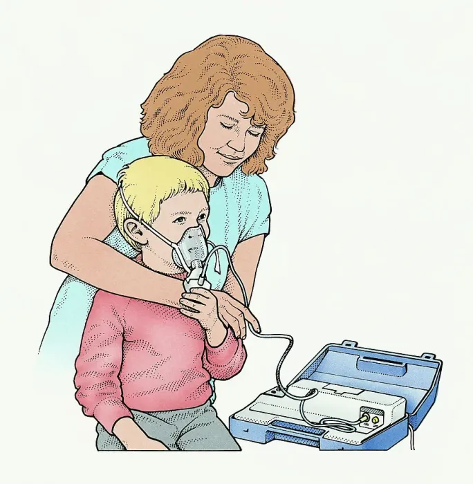 Framed Print : Woman applying nebulizer mask around boy's head Framed Print : Woman applying nebulizer mask around boy's head