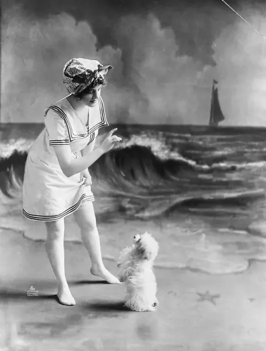 Framed Print : Woman In Bathing Suit And Dog Framed Print : Woman In Bathing Suit And Dog