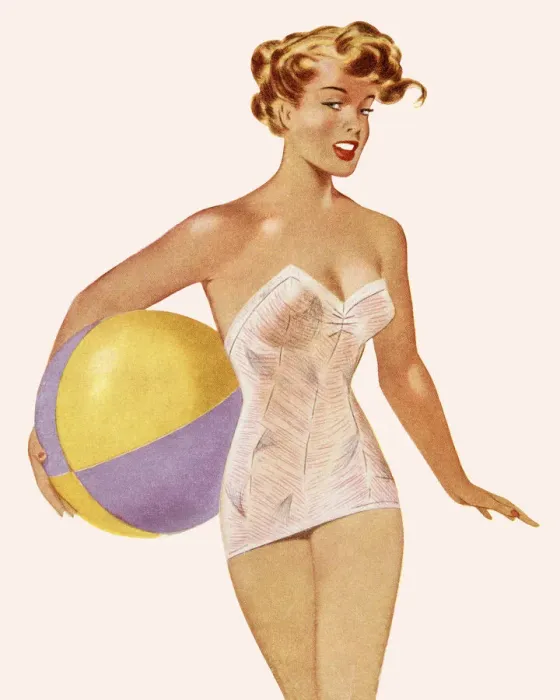 Framed Print : Woman in Bathing Suit Holding a Beach Ball Framed Print : Woman in Bathing Suit Holding a Beach Ball