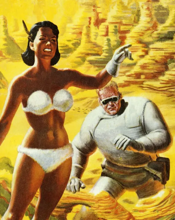 Framed Print : Woman in Bikini Leading Spaceman Framed Print : Woman in Bikini Leading Spaceman