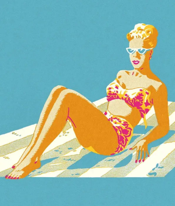 Framed Print : Woman in a Bikini Sitting on a Blanket Framed Print : Woman in a Bikini Sitting on a Blanket