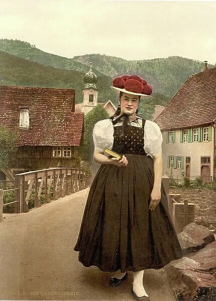 Woman from the Black Forest in typical traditional costume, Baden-Wuerttemberg, Germany, Historic, digitally restored reproduction of a photochrome print from the 1890s