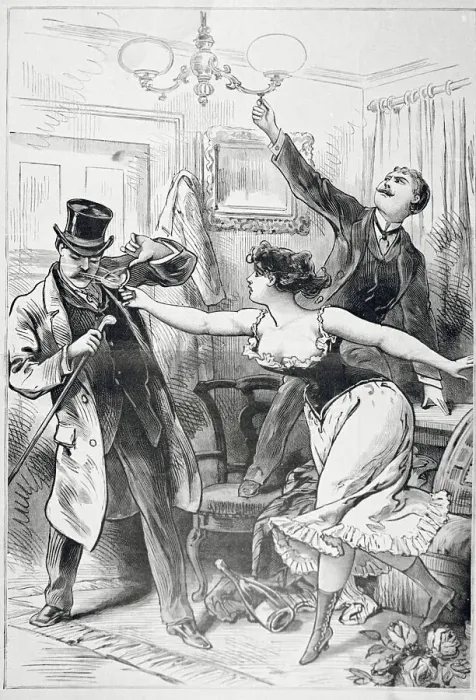 Framed Print : Woman Blinding Husband with Champagne Framed Print : Woman Blinding Husband with Champagne
