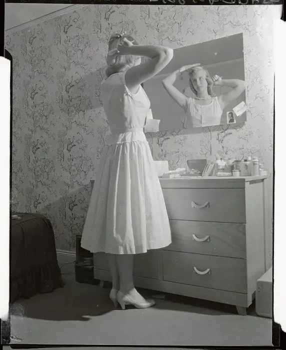 Framed Print : Woman Brushing her Hair Before Mirror Framed Print : Woman Brushing her Hair Before Mirror