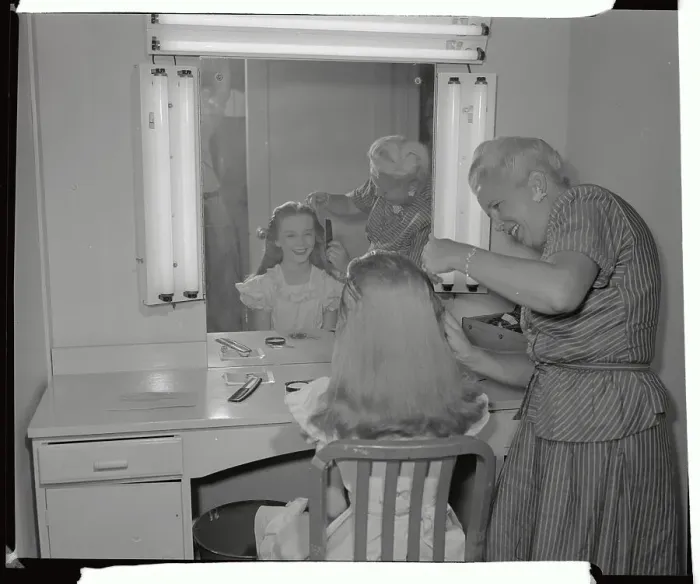 Framed Print : Woman Brushing Kathryn Beaumont's Hair Before Vanity Mirror Framed Print : Woman Brushing Kathryn Beaumont's Hair Before Vanity Mirror
