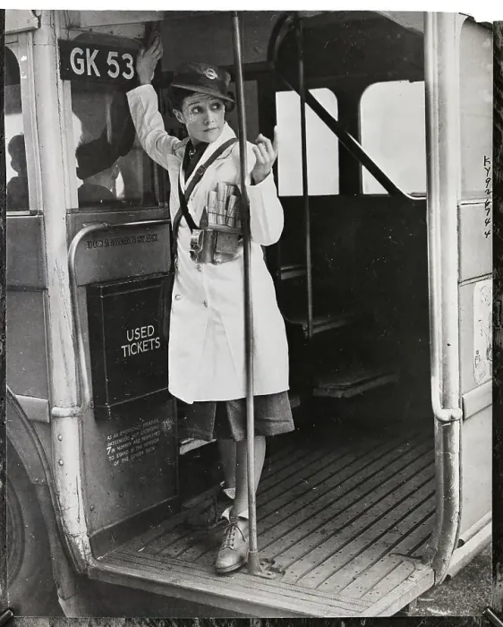 Framed Print : Woman Bus Conductor Beckons To Passengers 1941 Framed Print : Woman Bus Conductor Beckons To Passengers 1941
