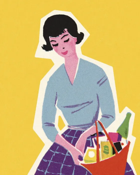 Framed Print : Woman Carrying a Basket Full of Products Framed Print : Woman Carrying a Basket Full of Products