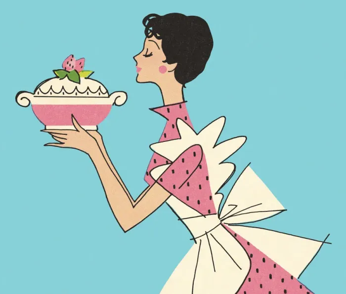 Framed Print : Woman Carrying a Dish with a Strawberry Dessert Framed Print : Woman Carrying a Dish with a Strawberry Dessert
