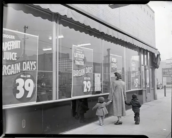 Framed Print : Woman and Children Look at Grocery Window Framed Print : Woman and Children Look at Grocery Window