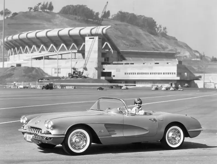Framed Print : Woman in Corvette by Candlestick Park