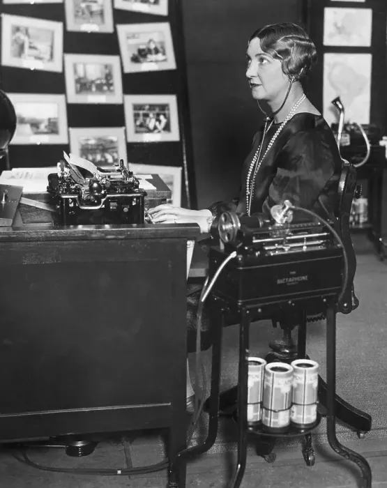 Framed Print : Woman @Desk W / Dictaphone & Earphones Framed Print : Woman @Desk W / Dictaphone & Earphones
