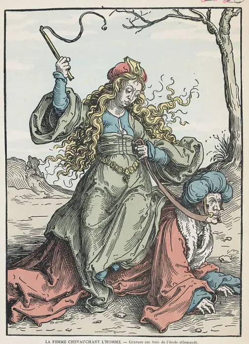 Framed Print : Woman Disciplining Man on Leash Framed Print : Woman Disciplining Man on Leash