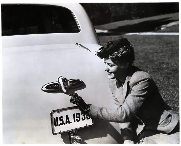 Framed Print : Woman Displays Buick Rear W / 1939 Plate Framed Print : Woman Displays Buick Rear W / 1939 Plate