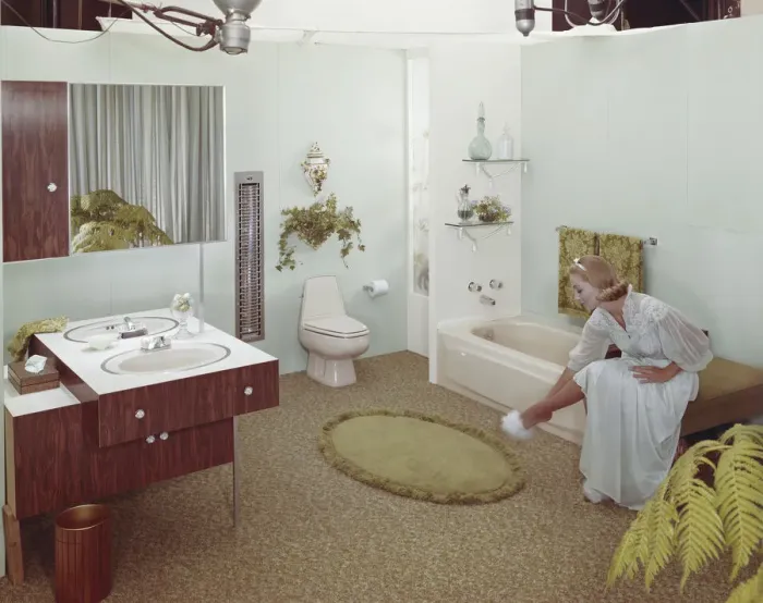 Framed Print : Woman in domestic bathroom Framed Print : Woman in domestic bathroom