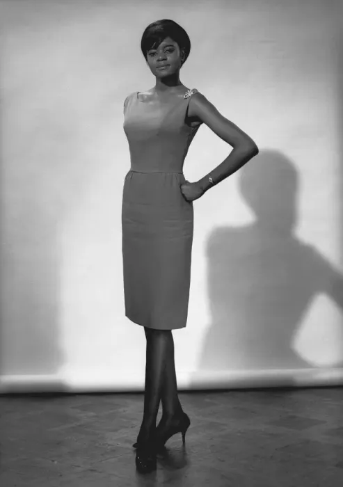 Framed Print : Woman in dress posing in studio, (B&W), portrait