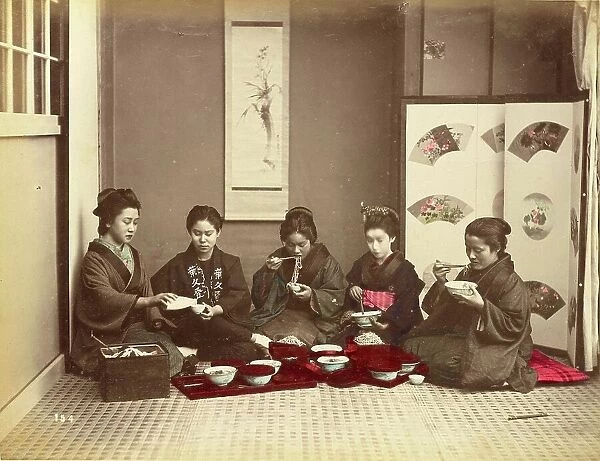 Five woman eating buckwheat noodles, c. 1870, Japan, Historic, digitally restored reproduction from an original of the period