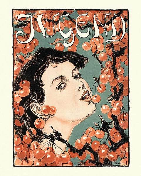 Woman eating cherries from the tree, Art Nouveau, 1890s, 19th Century, Youth