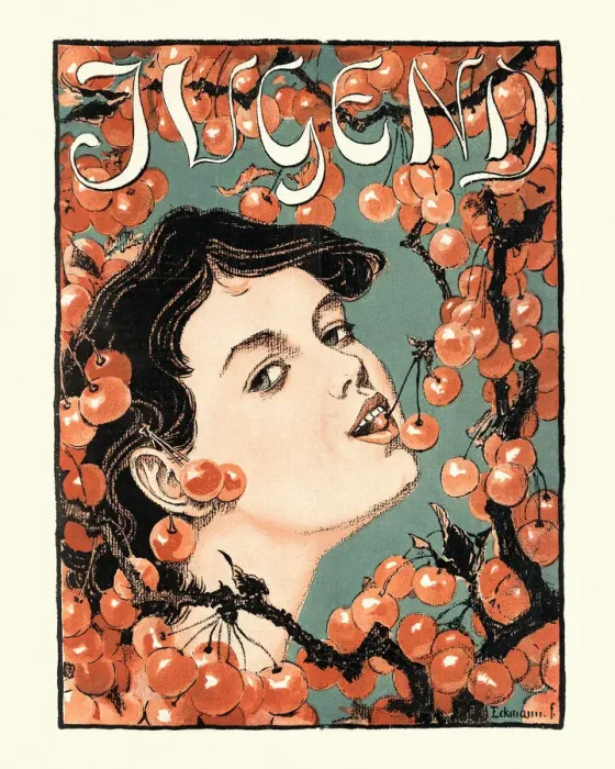 Framed Print : Woman eating cherries from the tree, Art Nouveau, 1890s, 19th Century, Youth Framed Print : Woman eating cherries from the tree, Art Nouveau, 1890s, 19th Century, Youth
