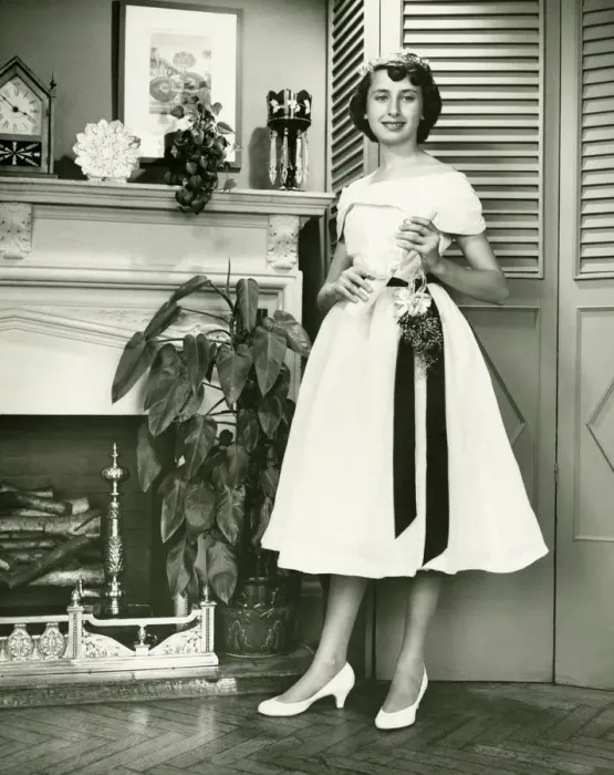 Framed Print : Woman in fashionable dress posing at fireplace, (B&W), (Portrait)