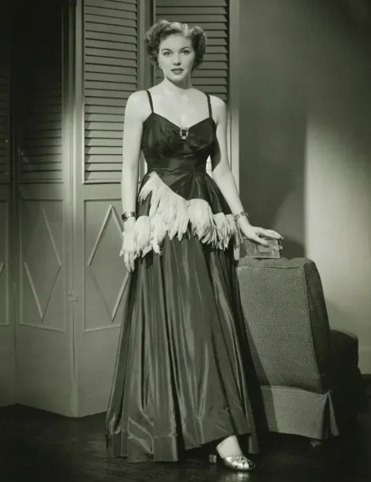 Framed Print : Woman in fashionable evening gown posing at home, (B&W), portrait Framed Print : Woman in fashionable evening gown posing at home, (B&W), portrait