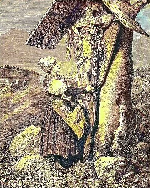 Woman in front of a field cross in the Alps, Austria, historical woodcut, circa 1870, digitally restored reproduction of an original from the 19th century, exact original date not known, coloured