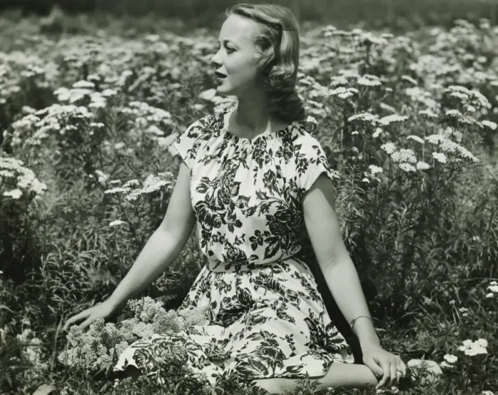 Framed Print : Woman in flowery dress sitting in meadow among flowers, (B&W), portrait Framed Print : Woman in flowery dress sitting in meadow among flowers, (B&W), portrait