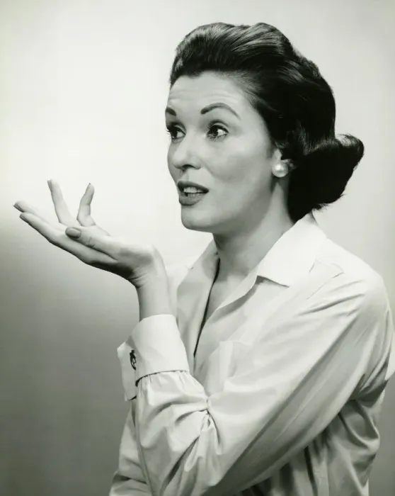 Framed Print : Woman gesturing, (B&W), (Portrait) Framed Print : Woman gesturing, (B&W), (Portrait)