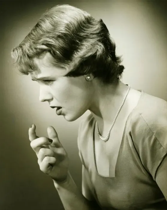Framed Print : Woman gesturing in studio, (B&W), (Close-up), (Portrait) Framed Print : Woman gesturing in studio, (B&W), (Close-up), (Portrait)