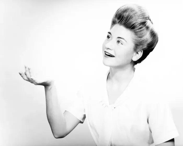 Framed Print : Woman gesturing in studio, (B&W), portrait Framed Print : Woman gesturing in studio, (B&W), portrait