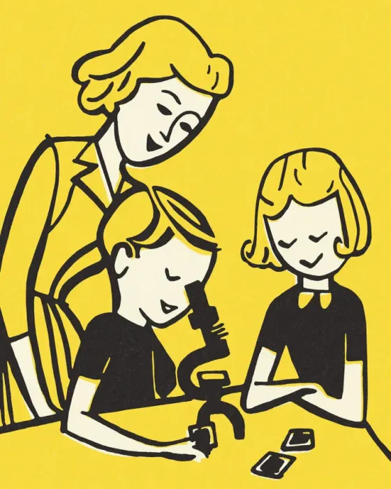 Framed Print : Woman, Girl, and Boy Looking Through a Microscope Framed Print : Woman, Girl, and Boy Looking Through a Microscope