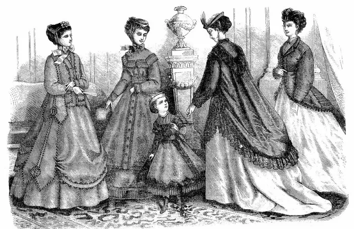 Framed Print : Four woman and two girls in the latest spring fashions, costumes and ready-to-wear by Madame Mary-Moison, shawls for dresses from the Malle des Indes shops, Marie Antoinette petticoats by Madame Bouland, 1869, France, Historic, digitally restored Framed Print : Four woman and two girls in the latest spring fashions, costumes and ready-to-wear by Madame Mary-Moison, shawls for dresses from the Malle des Indes shops, Marie Antoinette petticoats by Madame Bouland, 1869, France, Historic, digitally restored