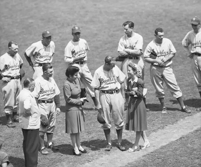Framed Print : Woman Giving Medal To Brooklyn Dodger Framed Print : Woman Giving Medal To Brooklyn Dodger