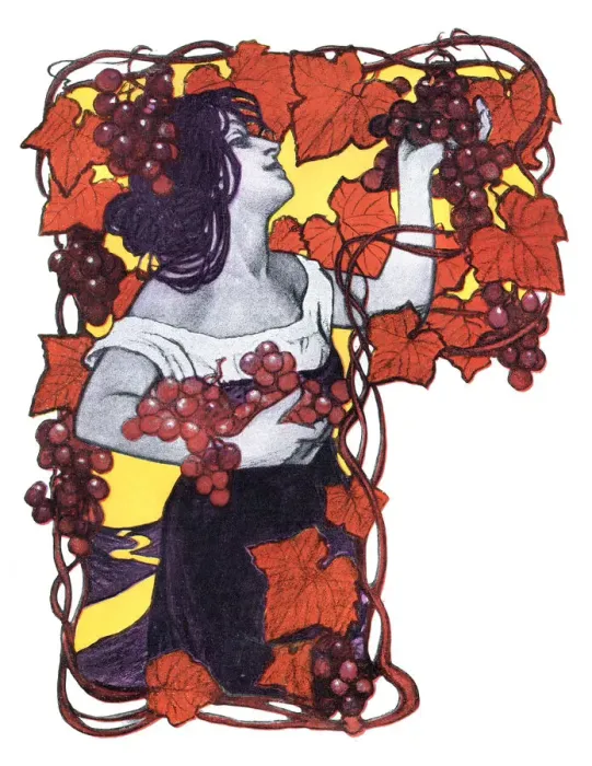 Framed Print : Woman grape harvesting in autumn art nouveau 1897