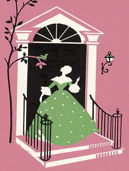 Woman in Green Victorian Dress at Door