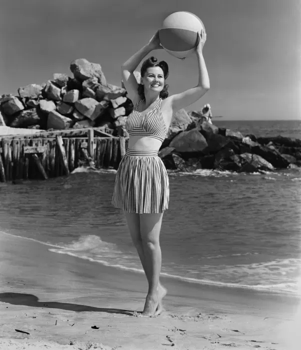 Framed Print : Woman holding ball on beach, (B&W) Framed Print : Woman holding ball on beach, (B&W)
