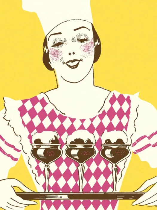 Framed Print : Woman Holding Three Desserts on a Tray Framed Print : Woman Holding Three Desserts on a Tray