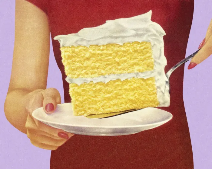 Framed Print : Woman Holding Large Piece of Cake