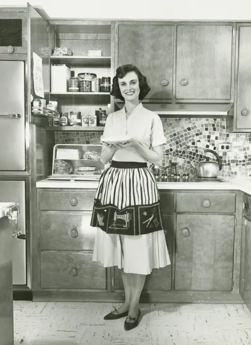 Framed Print : Woman holding pie, posing in kitchen, (B&W), portrait Framed Print : Woman holding pie, posing in kitchen, (B&W), portrait