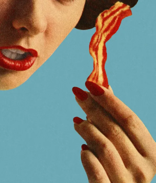Framed Print : Woman Holding a Piece of Bacon Framed Print : Woman Holding a Piece of Bacon