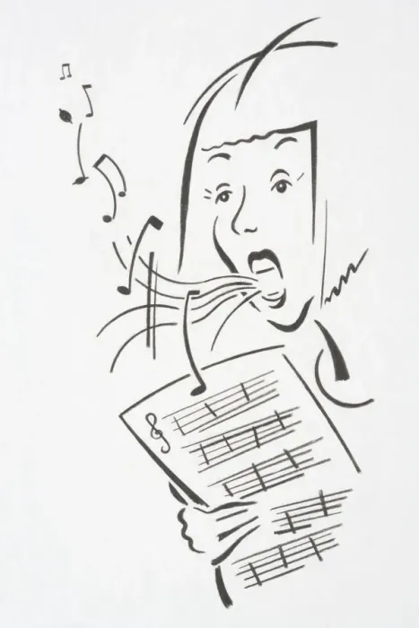 Framed Print : Woman holding staved sheets for musical notation singing with notes flying out of her mouth, front view Framed Print : Woman holding staved sheets for musical notation singing with notes flying out of her mouth, front view