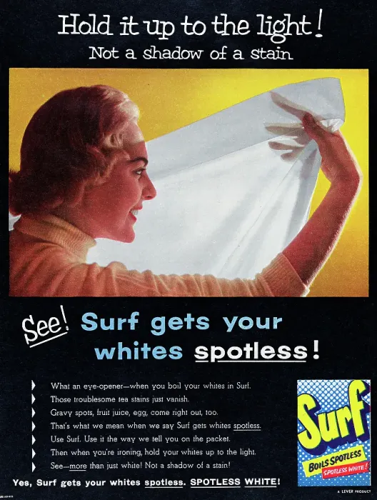 Framed Print : Surf. 1956: A woman holds a white sheet up to the light to show Surf gets Framed Print : Surf. 1956: A woman holds a white sheet up to the light to show Surf gets