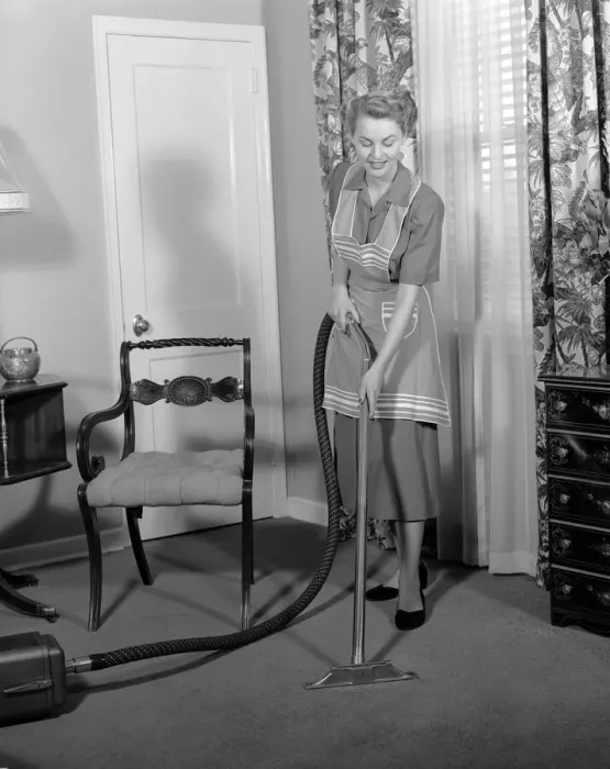Framed Print : Woman Housewife Wear Apron Living Room Run Vacuum Cleaner Door Window With Curtains