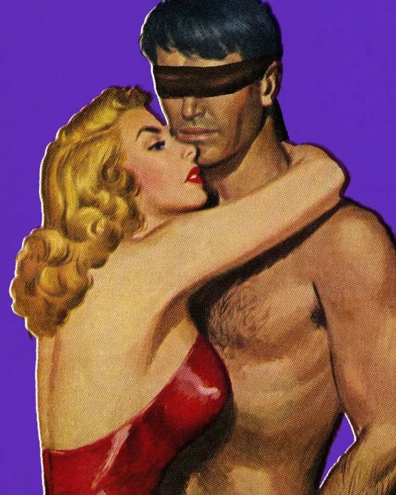 Framed Print : Woman Hugging Blindfolded Man
